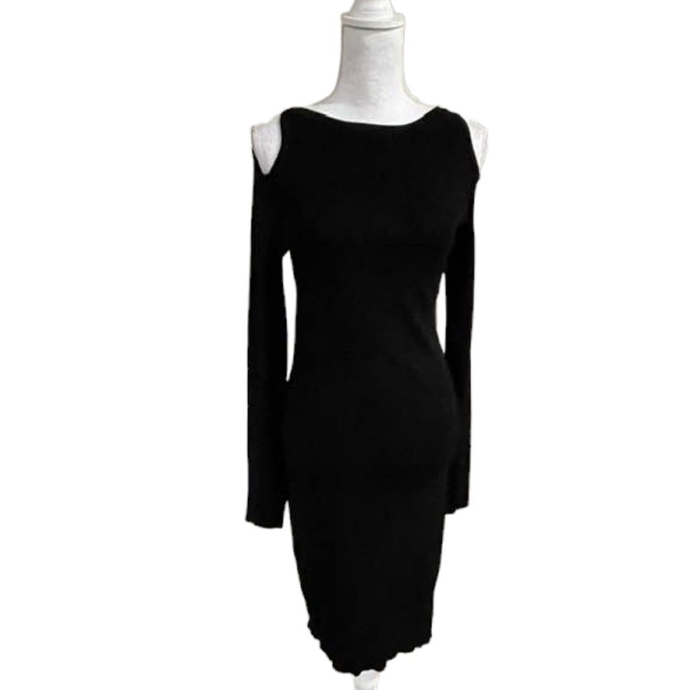 Cold Shoulder Long Sleeves Ribbed Sweater Midi Bodycon Dress - Black - XL